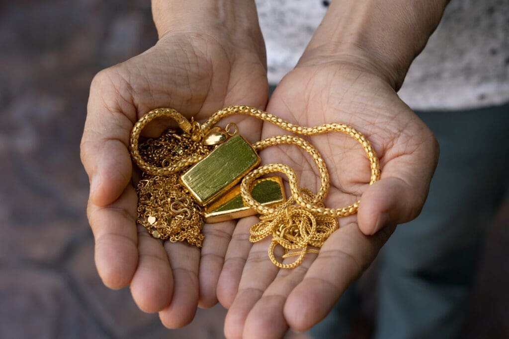 gold bars, coins and jewelry